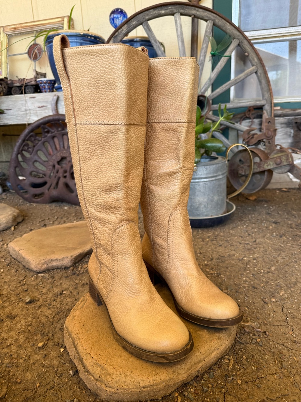 Lucky Brand Hybiscus Leather Knee High Riding Boots Buttercream Wide Calf 6.5